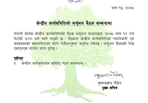 कांग्रेस केन्द्रीय कार्यसमितिको बैठक भर्चुअल माध्यमबाट शुक्रबार बस्ने