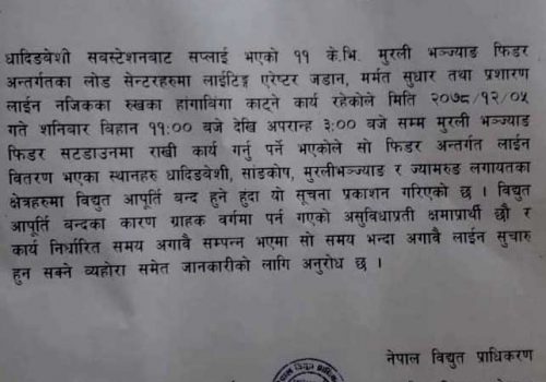 धादिङका यी स्थानमा भोलि शनिबार विद्युत अवरुद्ध हुने