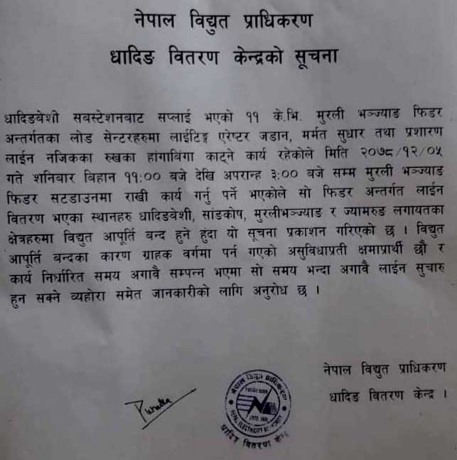 धादिङका यी स्थानमा भोलि शनिबार विद्युत अवरुद्ध हुने