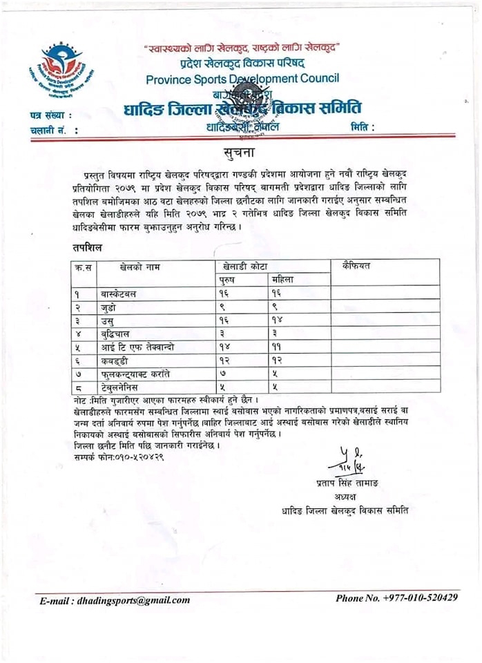 नवौँ राष्ट्रिय खेलकुद प्रतियोगिताको लागी धादिङबाट ८ विधाको खेलाडी छनोट गर्ने कार्य सूरु