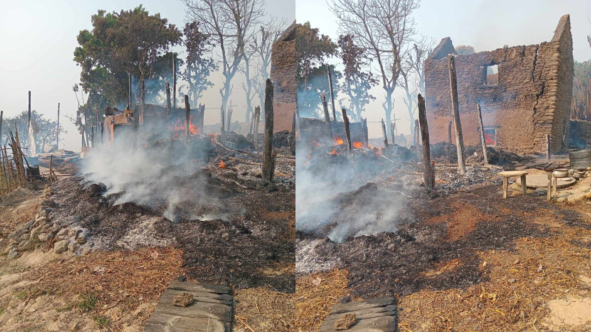 धादिङमा वनमा लागेको आगो गाउँमा पस्दा दुई घर जलेर नष्ट